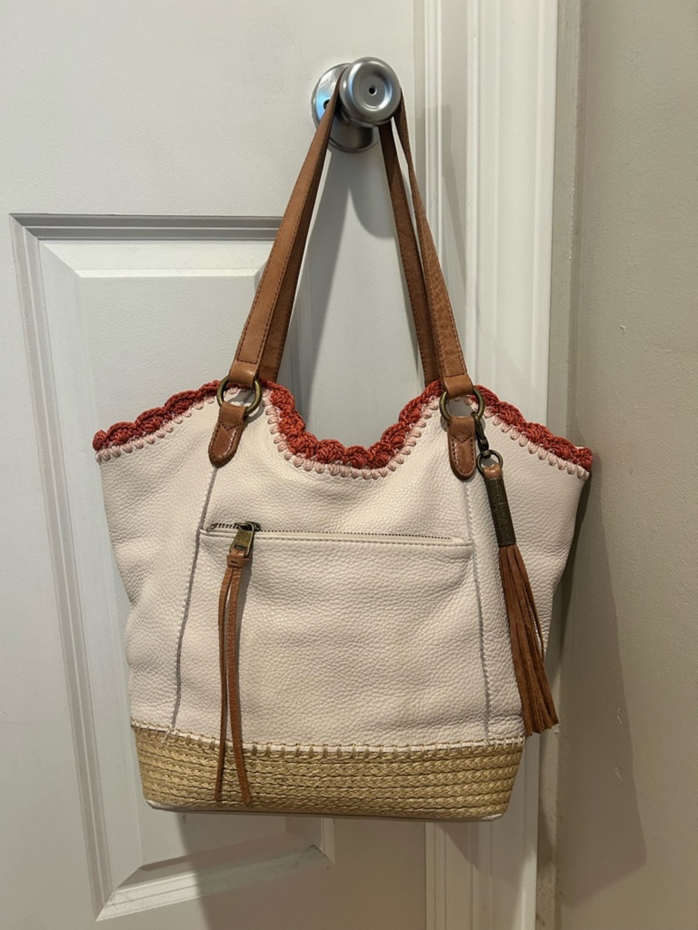 The Sak White Leather Shoulder Bag with Pink Embroidered Trim and Tan Braiding - Picture 2 of 16